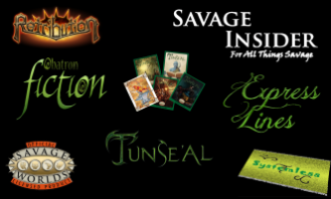 Logos for items associated with our For the Mind lines. Retribution, Savage Insider (For All Things Savage), Obatron Fiction, Express Lines, Savage Worlds, Tunse'al, and Systemless.